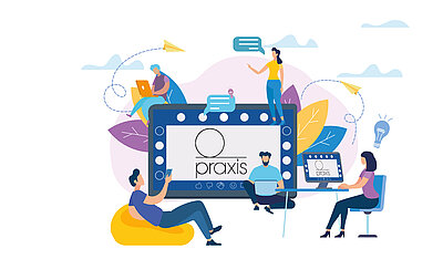 Illustration mehrerer Menschen, die an digitalen Geräten arbeiten, rund um einen großen Bildschirm mit dem Schriftzug „Praxis“. Personen sitzen oder stehen mit Laptops, Tablets und Smartphones. Um sie herum befinden sich Symbole für Kommunikation und Kreativität wie Sprechblasen, Papierflieger und eine Glühbirne. Die Szene symbolisiert digitales Arbeiten und Zusammenarbeit.